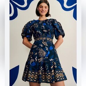 EUC Farm RIO Designer Belted Dress Large Black Blue Parrots Pineapples